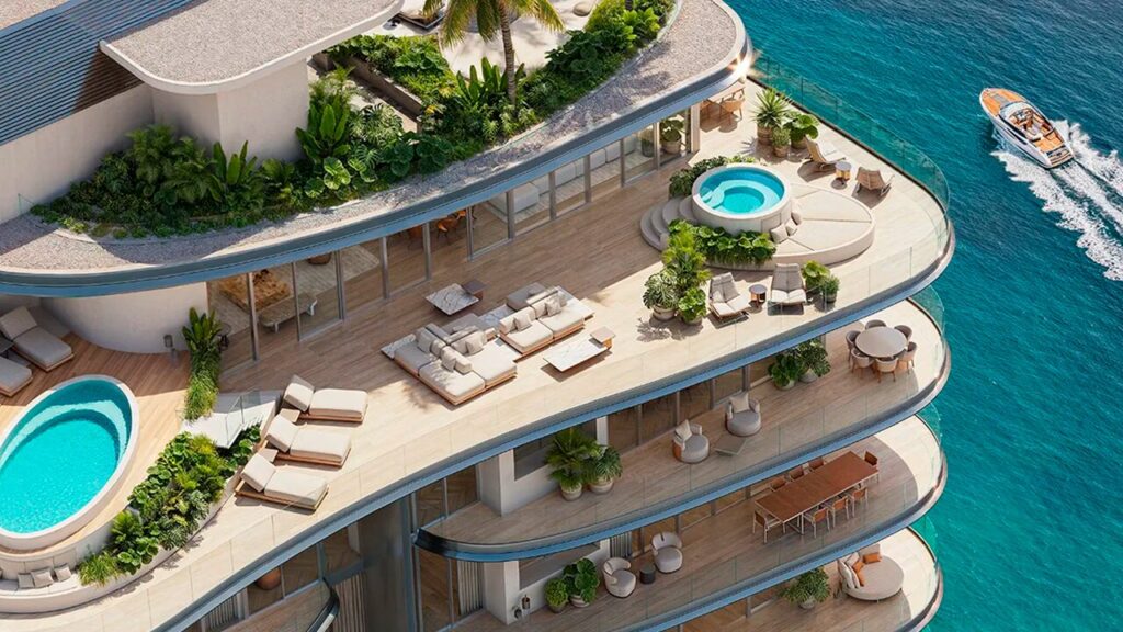 Render de las terrazas de lujo de Pagani Residences Miami en North Bay Village