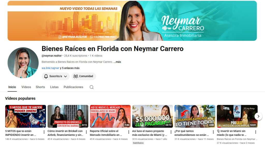 Canal de Youtube Neymar Carrero sobre invertir en bienes raíces en Miami