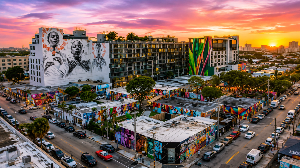 Wynwood Miami al atardecer con murales restaurantes Michelin y empresas globales consolidando el barrio como el SoHo de South Florida