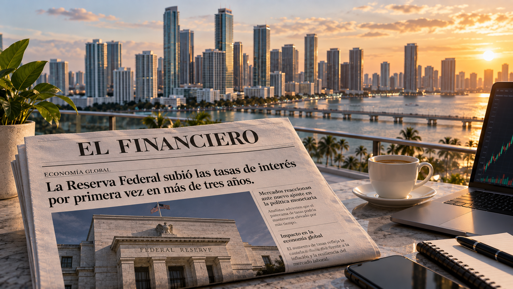 Inversionista latinoamericano decidiendo comprar propiedades en Miami sin esperar, tras la subida de tasas de la FED en septiembre 2026